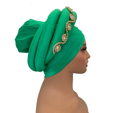 Image of Twisted Braid Turban Cap for Women African Lady Head Wraps Diamonds Nigeria Raw Silk Autogele Headtie Muslim Hat Party Headwear-FrenzyAfricanFashion.com