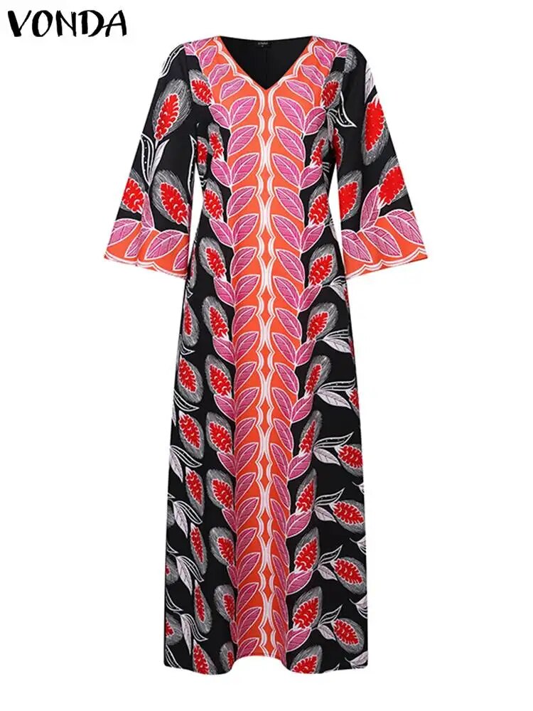 Women Autumn Maxi Long Dress Sexy V Neck Party Dress Boho Sleeve Loose Robe-FrenzyAfricanFashion.com