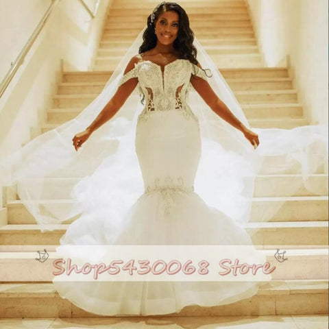 Image of Mermaid Wedding Dresses Off The Shoulder Sweetheart Sexy Beads Appliques Bridal Dress-FrenzyAfricanFashion.com