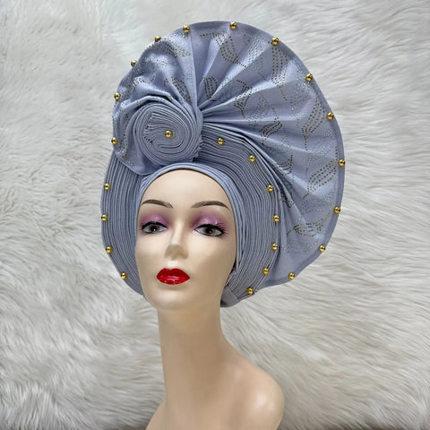 Image of Fahion High Quality Nigerian Gele Headtie Aso Oke Gele Already Made Auto Gele Aso Ebi Headtie African Turban with Bead Z1113-1-FrenzyAfricanFashion.com