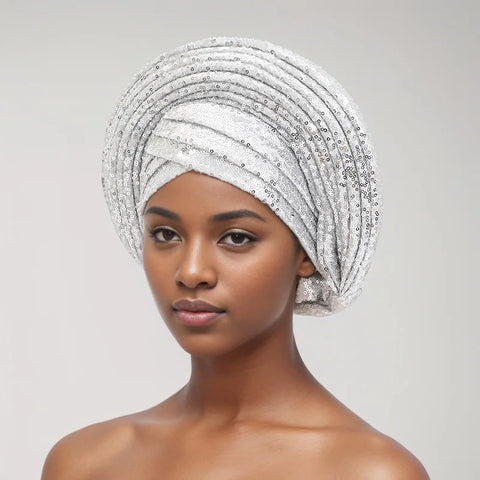 Image of Sequins Auto Gele Headtie African Women's Head Wraps Fashion Turban Cap Nigeria Wedding Geles Already Made Head Ties Headpiece-FrenzyAfricanFashion.com