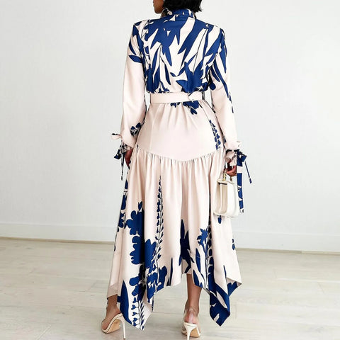 Image of Spring Casual Printed Irregular Maxi Dress Women Printing Button Party Evening Holidays Long Dress with Belt Women-FrenzyAfricanFashion.com