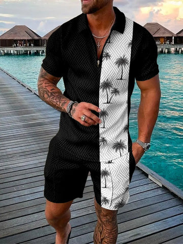 Image of Hawaiian Men Polo Set Lapel Zipper Shirt Short Pants 2 Piece Summer Beach Outfits Coconut Tree 3D Printed Oversized Casual Suit-FrenzyAfricanFashion.com