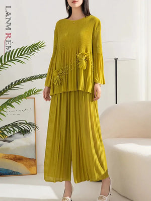 Pleated 2 Pieces Set Women's Spliced Flower Round Neck Long Sleeves Tops High Waist Wide Leg Pants-FrenzyAfricanFashion.com