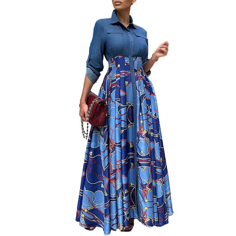 Image of Autumn Winte Dresses Printing Red Blue Long Dress Maxi Dress-FrenzyAfricanFashion.com