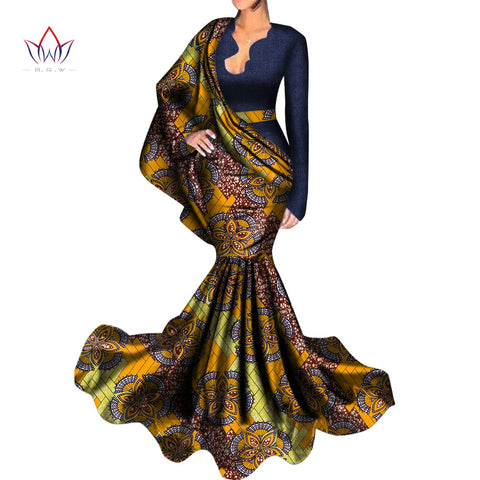 Image of Dashiki African Evening Dresses Bazin Africa Print Cotton Ladies Long Sleeve-FrenzyAfricanFashion.com