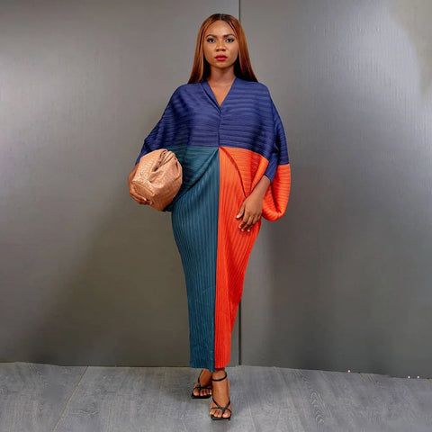 Image of Women Pleated Batwing Long Sleeve V-neck Slim Maxi Long Dress Ruched Dresses-FrenzyAfricanFashion.com