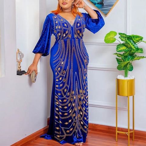 Image of 2023 Luxury Plus Size Blue African Sequins Maxi Dress for Women Elegant Lady Wedding Evening Dresses Sexy Party Bodycon Gown-FrenzyAfricanFashion.com