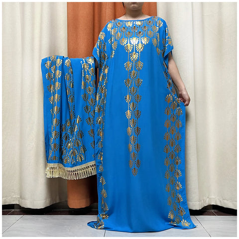 Image of Women Dubai Stretch Print Loose Fit Elegant Dresses Caftan Moroccan Robe With Headscarf-FrenzyAfricanFashion.com