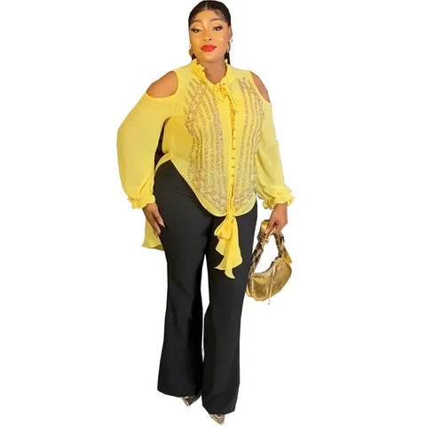 Image of Casual Pant Sets 2 Piece Women Long Sleeve Sequins Blouses Tops And Straight Pants Suits Outfits Two Piece Matching Set Outfit-FrenzyAfricanFashion.com