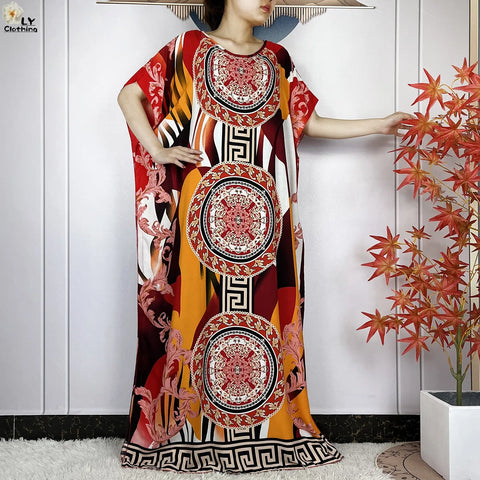 Image of Women Short Sleeve Cotton Loose Femme Robe Dresses With Big Scarf-FrenzyAfricanFashion.com