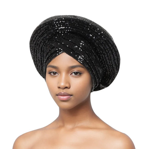 Image of Sequins Auto Gele Headtie African Women's Head Wraps Fashion Turban Cap Nigeria Wedding Geles Already Made Head Ties Headpiece-FrenzyAfricanFashion.com