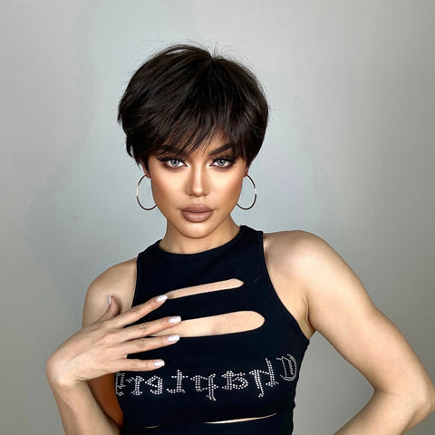 Image of Pixie Cut Wigs for Women Natural Synthetic Short Black Layered Hair Wig with Fluffy Bangs Afro Daily Heat Resistant-FrenzyAfricanFashion.com