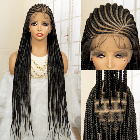 Image of Full Lace Cornrow Braided Wigs Black Women Handmade Synthetic Long Box Braided Wig with Baby Hair Lace Front Braids Wigs-FrenzyAfricanFashion.com