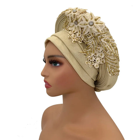 Image of Embroidery Flower African Autogele Headtie Women's Fashion Turban Cap Wedding Gele Party Headpiece Nigeria Female Head Wraps-FrenzyAfricanFashion.com