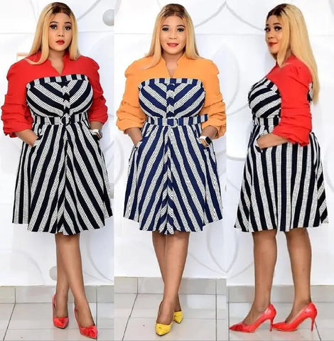 Image of New Style African Plus Size Women's Stand-up Collar Puff Sleeve Big Hem Printed Dress with Pocket-FrenzyAfricanFashion.com