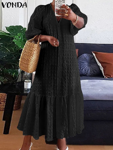 Image of Women Shirt Dress Sexy V Neck Buttons Half Sleeve Long Maxi Bohemian-FrenzyAfricanFashion.com