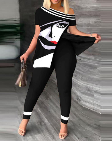 Image of Suit Sexy Off Shoulder Split 2023 Summer Fashion Casual Short Sleeve Loose Top + Tight Pants 2-piece Set S-XXXL-FrenzyAfricanFashion.com