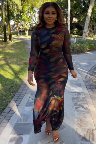 Image of Women Long Sleeve Dress Plus Size O-Neck Slim Bodycon Autumn Casual Y2K Streetwear Vintage Printed Long Dress-FrenzyAfricanFashion.com