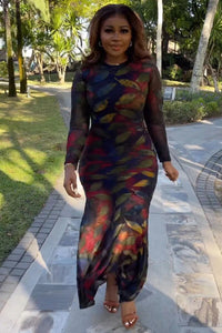 Women Long Sleeve Dress Plus Size O-Neck Slim Bodycon Autumn Casual Y2K Streetwear Vintage Printed Long Dress-FrenzyAfricanFashion.com