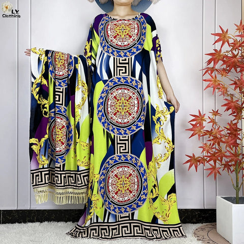 Image of Women Short Sleeve Cotton Loose Femme Robe Dresses With Big Scarf-FrenzyAfricanFashion.com