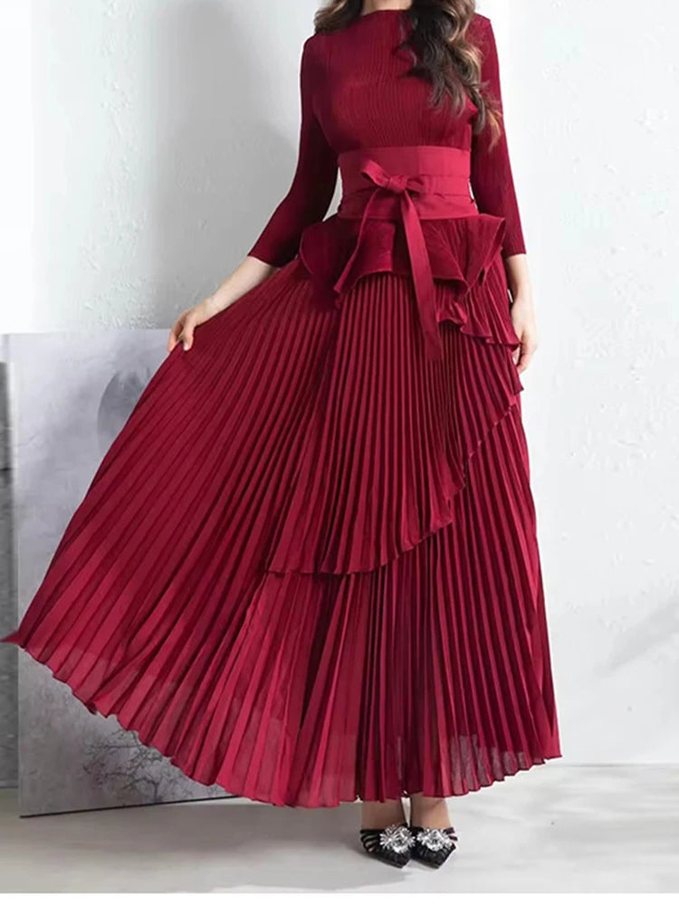 Women Turtleneck Lace-up Gathered Waist Tops With Irregular Lantern Skirt-FrenzyAfricanFashion.com