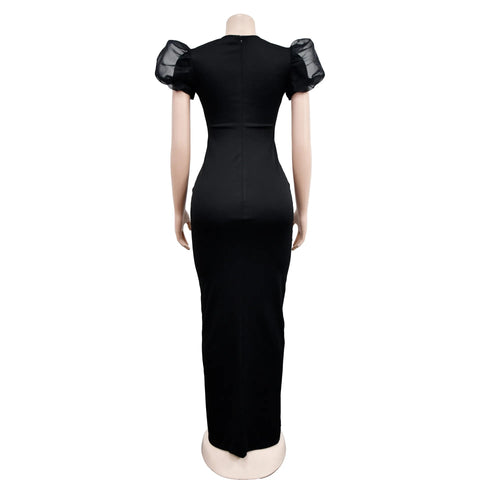 Image of 2023 Women Luxury Diamonds Hot Drill Wrap V-neck Puff Short Sleeve Bodycon Midi Maxi Dress Sexy Night Club Birthday Vestidos-FrenzyAfricanFashion.com