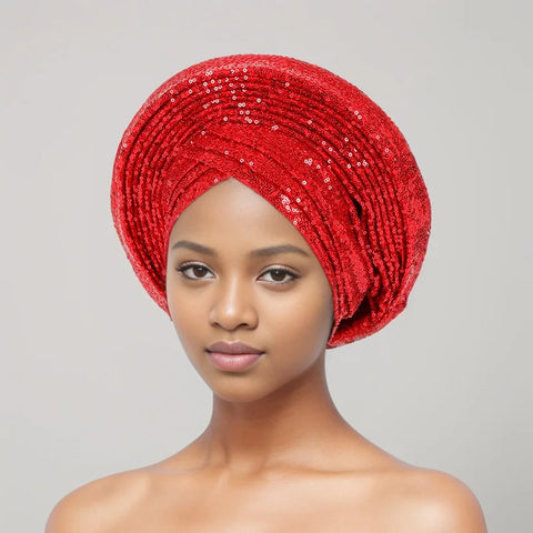 Image of Sequins Auto Gele Headtie African Women's Head Wraps Fashion Turban Cap Nigeria Wedding Geles Already Made Head Ties Headpiece-FrenzyAfricanFashion.com