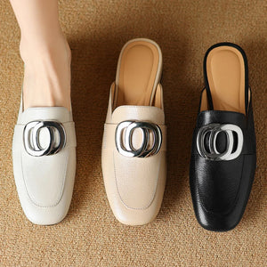 Plus size 34-41 women's genuine leather square toe slip-on flats summer mules metal buckle decoration casual female sandals shoe-FrenzyAfricanFashion.com