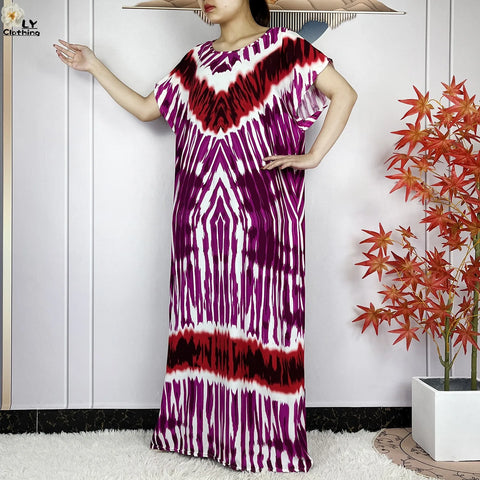 Image of Short Sleeve African Dashiki Tie-dyed Cotton Abaya Caftan Casual Dresses With Big Scarf-FrenzyAfricanFashion.com