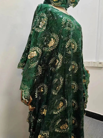 Image of New Fashion Africa Clothing For Woman Dashiki Velvet Fabric Sequin Lace Loose Long Dresses High Quality Free Size Whit Scarf-FrenzyAfricanFashion.com