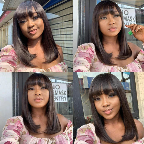 Image of 3X1 Middle Part Lace Wig Bob Wigs Full Machine Made Bone Straight Human Hair Wigs With Bangs Short Bob Human Hair Wigs For Women-FrenzyAfricanFashion.com