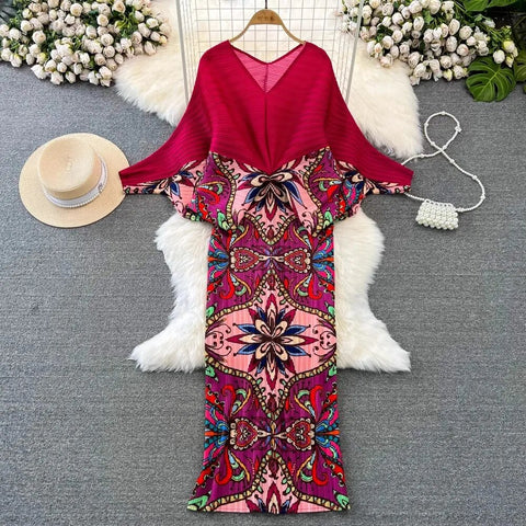 Image of Pleated Spring Summer Women V Neck Batwing Sleeve Holiday Dresses-FrenzyAfricanFashion.com