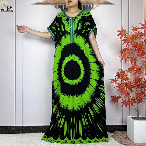 Image of Party Dress Women Loose Cotton Short Sleeve Maxi Robe Floral Abaya-FrenzyAfricanFashion.com