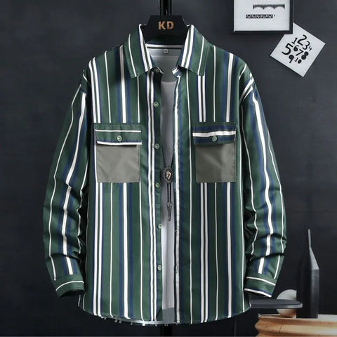 Image of Thin Spring Summer Autumn Men's Clothing Button Turn-down Collar Striped Man Fashion Casual Loose Office Handsome Pockets Shirts-FrenzyAfricanFashion.com