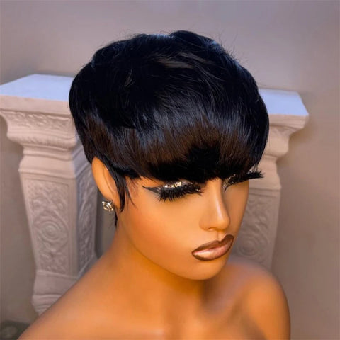 Image of Short Straight Bob Wig Pixie Cut Hair For Black Women With Bangs Brazilian Virgin-FrenzyAfricanFashion.com