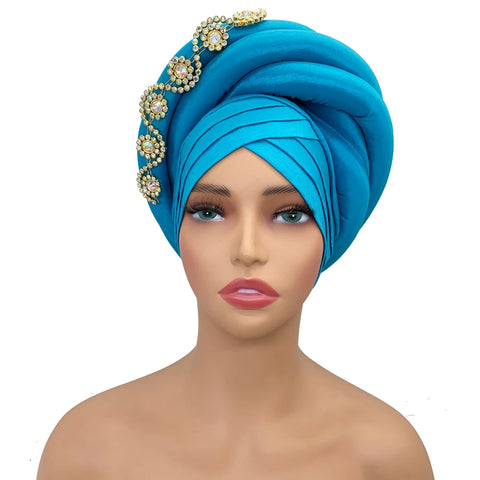 Image of Twisted Braid Turban Cap for Women African Lady Head Wraps Diamonds Nigeria Raw Silk Autogele Headtie Muslim Hat Party Headwear-FrenzyAfricanFashion.com