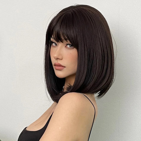 Image of Short Black Brown Synthetic Natural Hair Wigs for Women Bob Straight Wig with Bangs High Temperature Daily Cosplay Party Wigs-FrenzyAfricanFashion.com