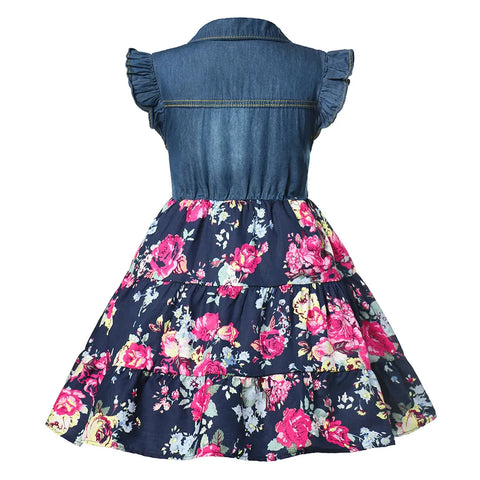 Image of Summer Girls Denim Floral Dress Short Sleeve Casual Clothes-FrenzyAfricanFashion.com