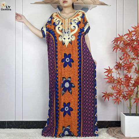 Image of Women Floral Dress African Dashiki Kaftan Short Sleeve Women Casual Hijab Dress-FrenzyAfricanFashion.com