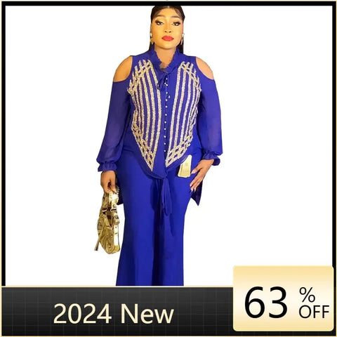 Image of Casual Pant Sets 2 Piece Women Long Sleeve Sequins Blouses Tops And Straight Pants Suits Outfits Two Piece Matching Set Outfit-FrenzyAfricanFashion.com