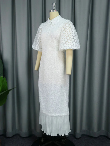 Image of White Lace Dresses for Women Wedding Guests Elegant Turn Down Collar Puff Sleeves Pleated Hem Midi Dress Luxury Occasion Clothes-FrenzyAfricanFashion.com