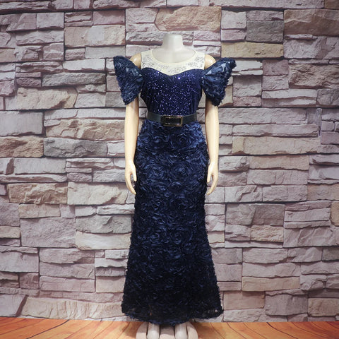 Image of woman Mesh dress rhinestone sequin belt elegant evening gown-FrenzyAfricanFashion.com