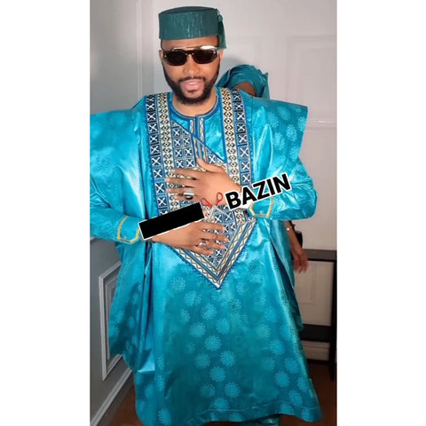 Image of Formal Attire Bazin Riche Dashiki Green Shirt Pants Robe Suit Agbada-FrenzyAfricanFashion.com