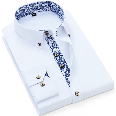 Image of Blue-and-white Porcelain Collar Shirt Men Long Sleeve SlimFit Casual Business Dress Shirts Solid Color White Shirt Cotton-FrenzyAfricanFashion.com