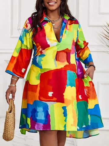 Image of Plus Size Melting Colors All-over Print Flowy Shirt Dress-FrenzyAfricanFashion.com