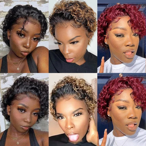 Image of Pixie Cut Wig 99J Color Lace Wig Spring curl Short Bob Human Hair Wig For Women Natural Black Color Blonde Jarin Hair Cheap Wig-FrenzyAfricanFashion.com