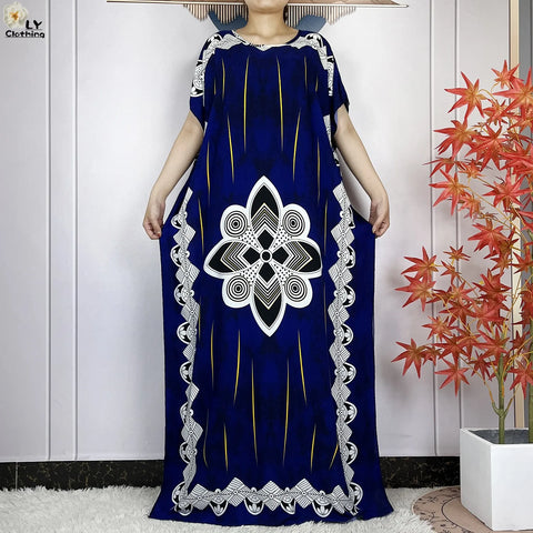 Image of Women Short Sleeve Cotton Loose Femme Robe Dresses With Big Scarf-FrenzyAfricanFashion.com