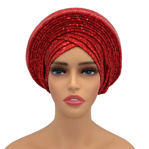 Image of Sequins Auto Gele Headtie African Women's Head Wraps Fashion Turban Cap Nigeria Wedding Geles Already Made Head Ties Headpiece-FrenzyAfricanFashion.com