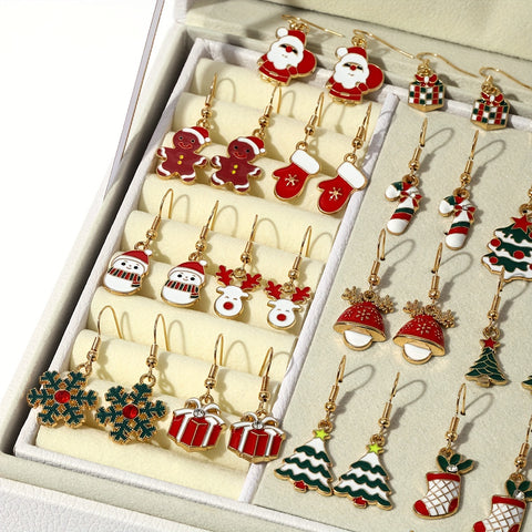 Image of 23 Pairs Cute Christmas Earrings Set, Cartoon Santa, Reindeer, Snowflake, Christmas Tree, Snowman Pendant Earrings, Women's Festive Party Jewelry, Perfect Gift for Christmas and New Year, Zinc Alloy, Iron Earwires, All-Season-FrenzyAfricanFashion.com